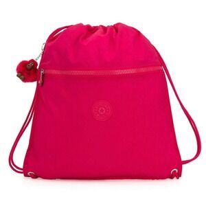 Kipling Drawstring Backpack Bag‎ Monkey Charm Pink Nylon Gym Travel